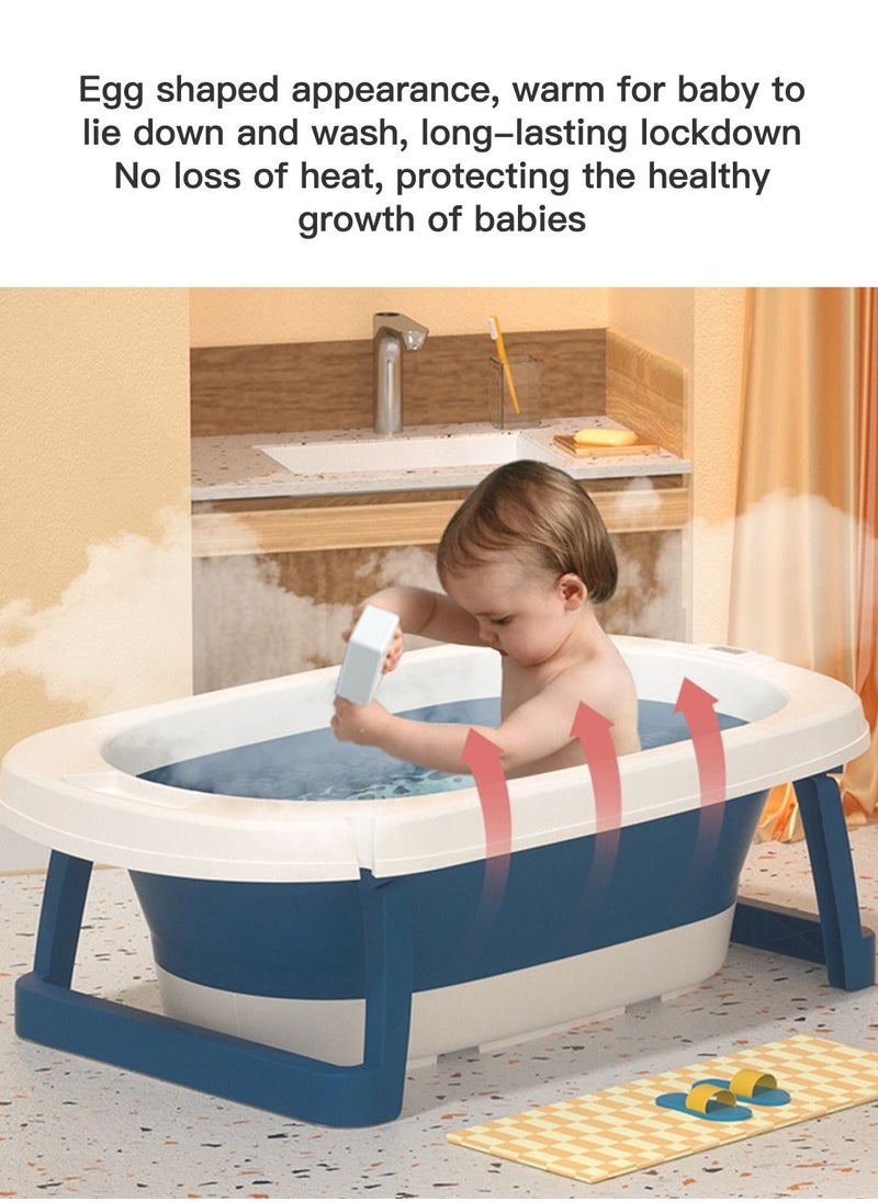 Sharpdo - Foldable Baby Bathtub With Thermometer Bath Cushion Pillow Portable Safe Collapsible Bathtub For Children With Temperature Sensing Multifunction Children Shower Basin Blue - Image 1