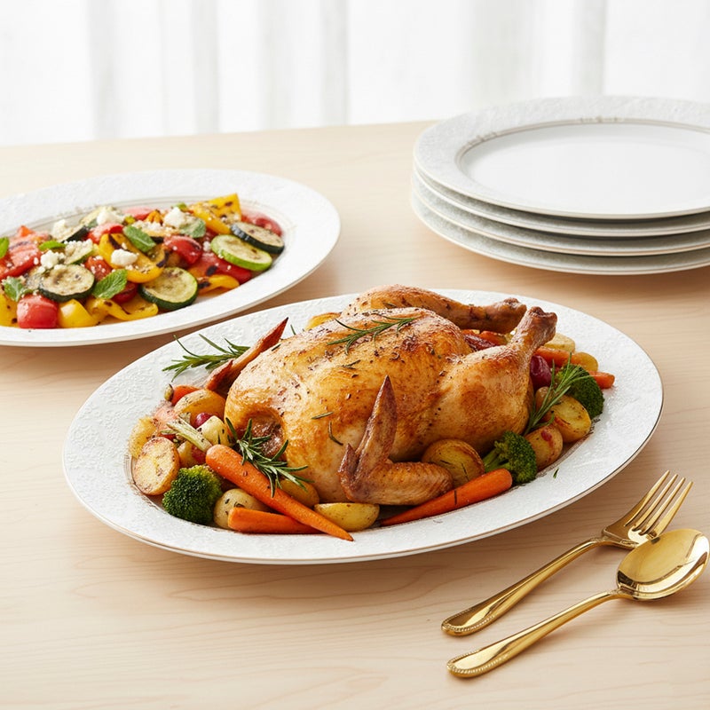 شالو طبق تقديم بيضاوي ضحل من الخزف الصيني العظمي الجديد من ISLA، 36 سم - طبق تقديم أبيض كبير للضيافة وتناول الطعام في المناسبات الاحتفالية، أدوات مائدة أنيقة للاستخدام اليومي، وجبة الفطور المتأخر، رمضان، عيد الفطر، ديوالي، وللهدايا (مجموعة من 6 قطع) - Image 2