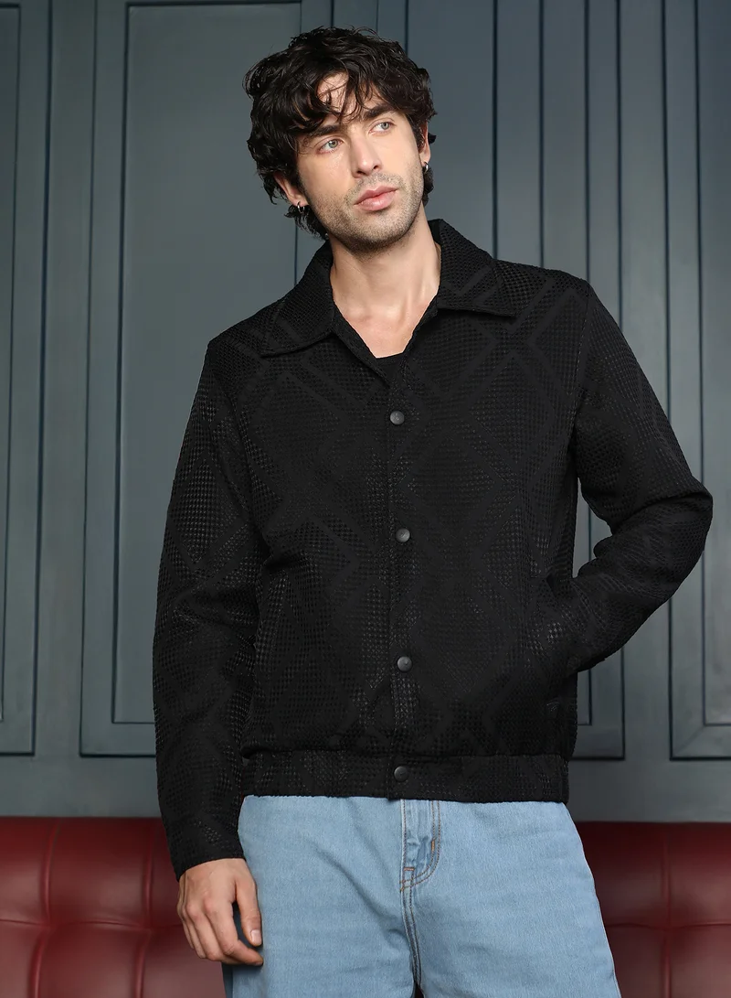 كامبوس سوترا Men Rhombus-Jacquard Bomber Jacket | Point Collar, Long Button-Cuff Sleeves | Snap Button , Stretch-Straight Hem | Solid Jacquard | Woven Fabric For Casual & Daily Wear | Onyx Black