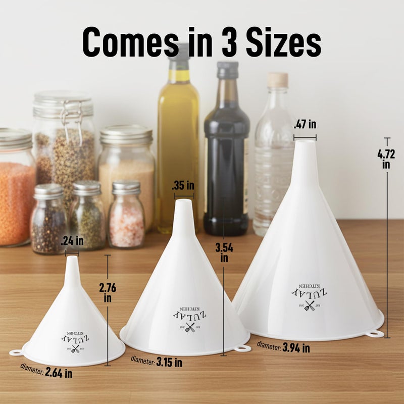 Zulay Kitchen 3-Piece Plastic Funnel Set - Large, Medium, and Small Kitchen Funnels Pouring Spout - for Filling Bottles Water Liquid, Protein Powder, Food Grade Cooking, Drink, Paint, Lotion, Kids - Image 3