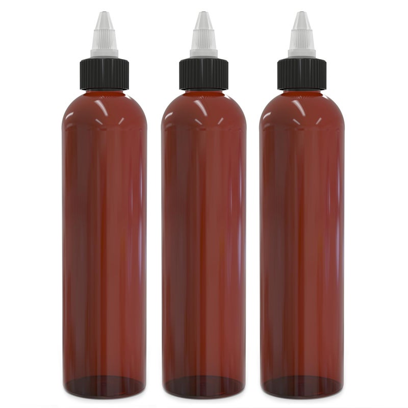 BRIGHTFROM Twist Top Applicator Bottles 8 OZ, Squeeze Empty Plastic Bottles, Black Nozzle, BPA-Free, PET, Refillable, Open/Close Nozzle - Multi Purpose (Amber) Pack of 3 - Image 1