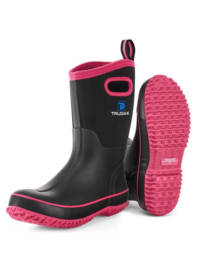Trudave Rubber Boots for Women, Mid Calf Rain Boots, Womens Waterproof Boots, Neoprene Insulated Outdoor Work Mud Boots for Hunting Farming Gardening Fishing, Size 5-11, Pink, 7 - Image 1