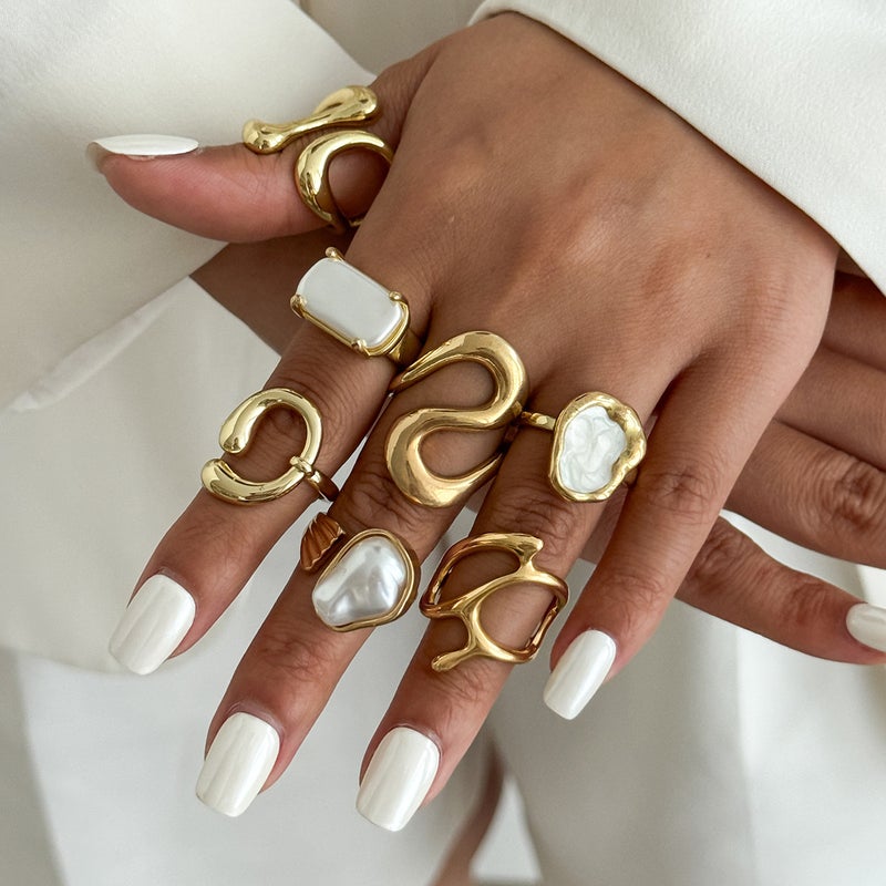 SHIXIN European and American Cross-Border Jewelry Baroque Irregular Pearl Open Ring Set - Ins Style Geometric Rings - Image 3