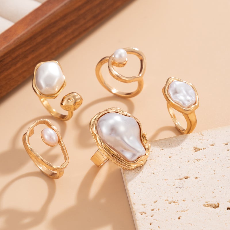 SHIXIN European and American Cross-Border Jewelry Baroque Irregular Pearl Open Ring Set - Ins Style Geometric Rings - Image 4