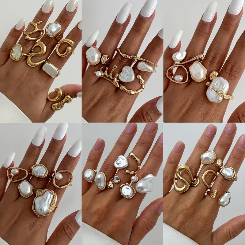 SHIXIN European and American Cross-Border Jewelry Baroque Irregular Pearl Open Ring Set - Ins Style Geometric Rings - Image 1