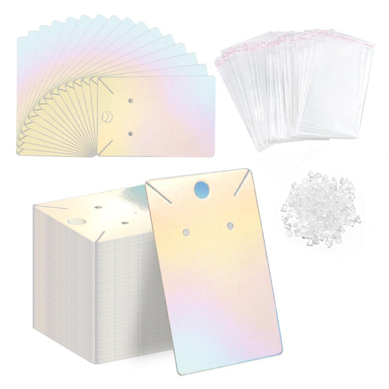 fuceury 150 pcs Holographic Earring Display Card Holder 300 Pcs Backs and 150 Jewelry Packaging Bags for Earring Necklace Jewelry Cards - Image 1