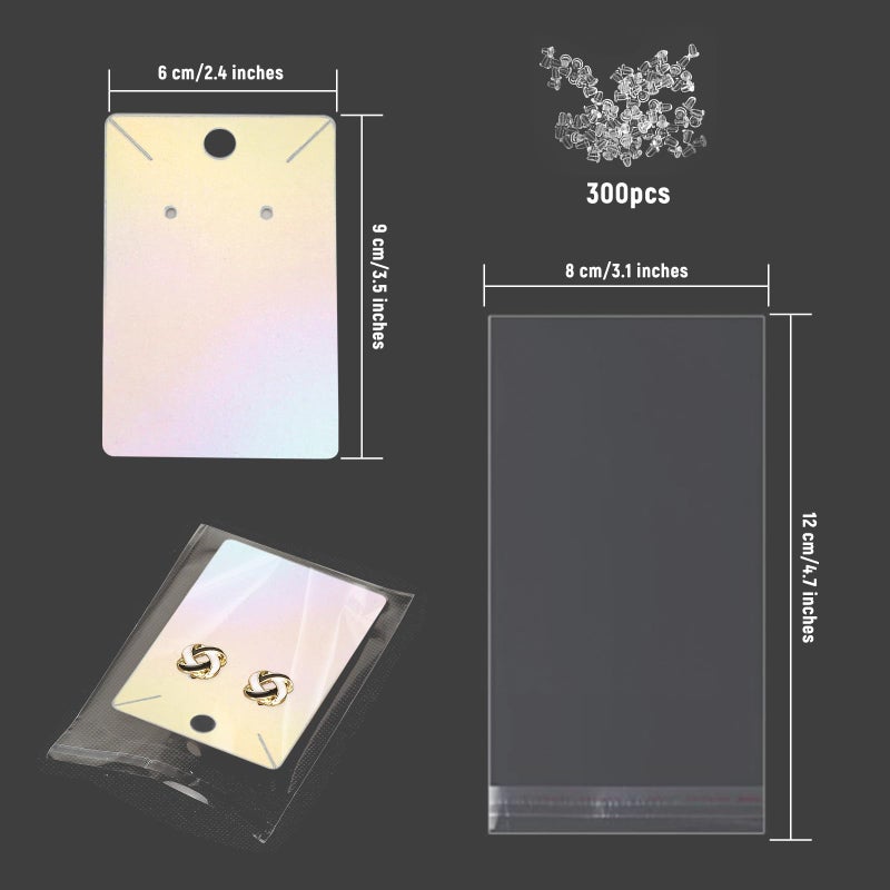fuceury 150 pcs Holographic Earring Display Card Holder 300 Pcs Backs and 150 Jewelry Packaging Bags for Earring Necklace Jewelry Cards - Image 2