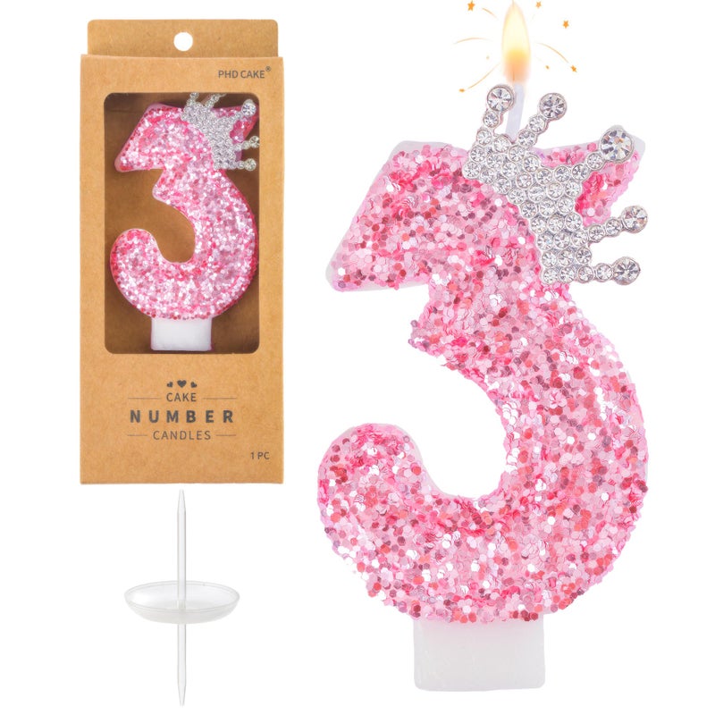 PHD CAKE Number 3 Pink Crown Birthday Candles, Cake Number Candles Number Candles, Party Celebration - Image 1