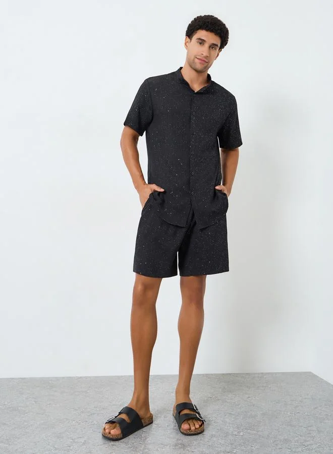 Take Two Men Textured Stand Collar Shirt and Shorts Co-Ords