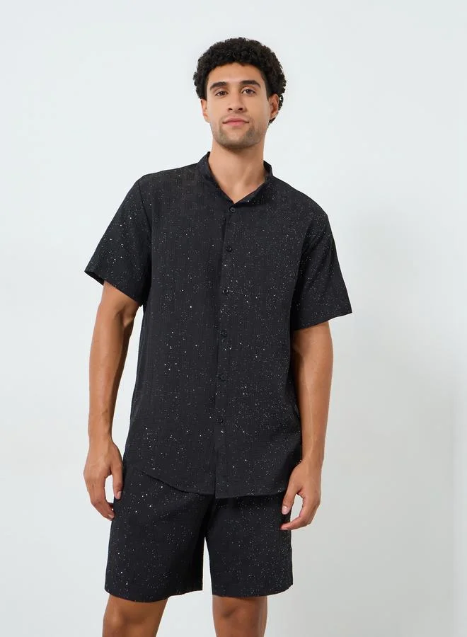 Take Two Men Textured Stand Collar Shirt and Shorts Co-Ords