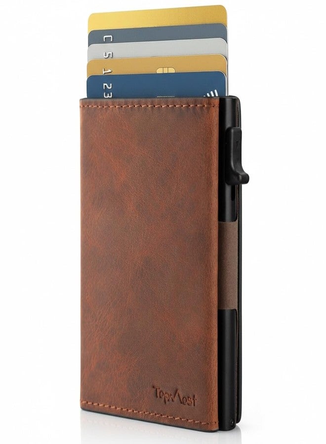 TopMost Genuine Leather Pop Up Wallet for Men, Credit Card Holder, RFID Blocking Ridge Wallets for Men with ID Window, Slim, Minimalist, 5-9 Card Capacity & Cash Slot, Brown - Image 1