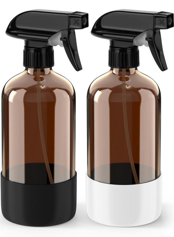 Bontip Glass Spray Bottle with Silicone Sleeve Protection, Amber Glass Spray Bottle Set for Window Cleaner Aromatherapy Facial Hydration Watering Flowers Hair Care 2 Pack/16 oz, Black & White, 16 - Image 1