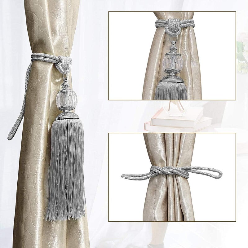 KOLAKO Curtain Tiebacks Rope Tassel TieBacks Curtain Holdbacks Silver for Drapes Decorative Drapery Crystal Holdback Tie Backs Handmade Curtain Holder 2 Pack - Image 3