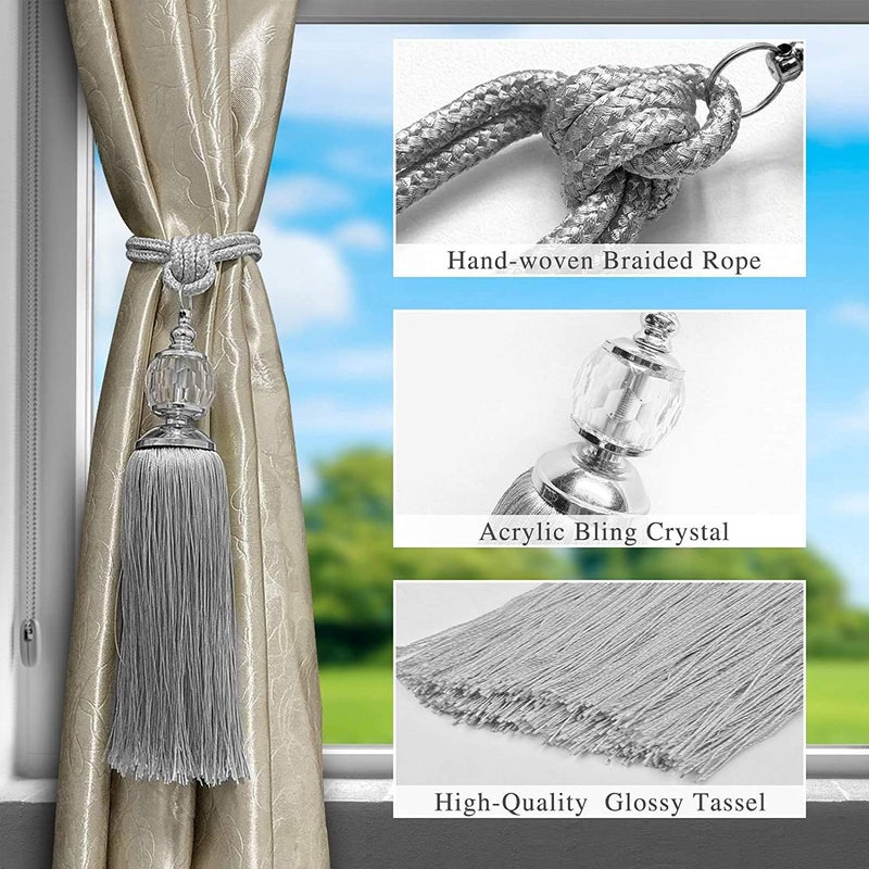 KOLAKO Curtain Tiebacks Rope Tassel TieBacks Curtain Holdbacks Silver for Drapes Decorative Drapery Crystal Holdback Tie Backs Handmade Curtain Holder 2 Pack - Image 2