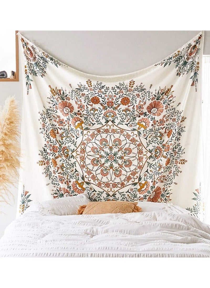 Generic White Bohemian Tapestry Wall Hanging, Mandala Floral Medallion Hippie Tapestry, Light Brown Aesthetic Wreath Design, Cream Wall Decor Blanket for Bedroom Home Dorm  - Image 1