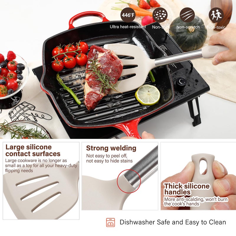 NCUE Kitchen Utensils Set, 35 Pcs Silicone Cooking Utensils Set with Holder, with Stainless Steel Handle Spatula Set, Spoons, Pasta Server, Cheese Grater, Masher, Scissors, Dishwasher Safe (Khaki) - Image 2