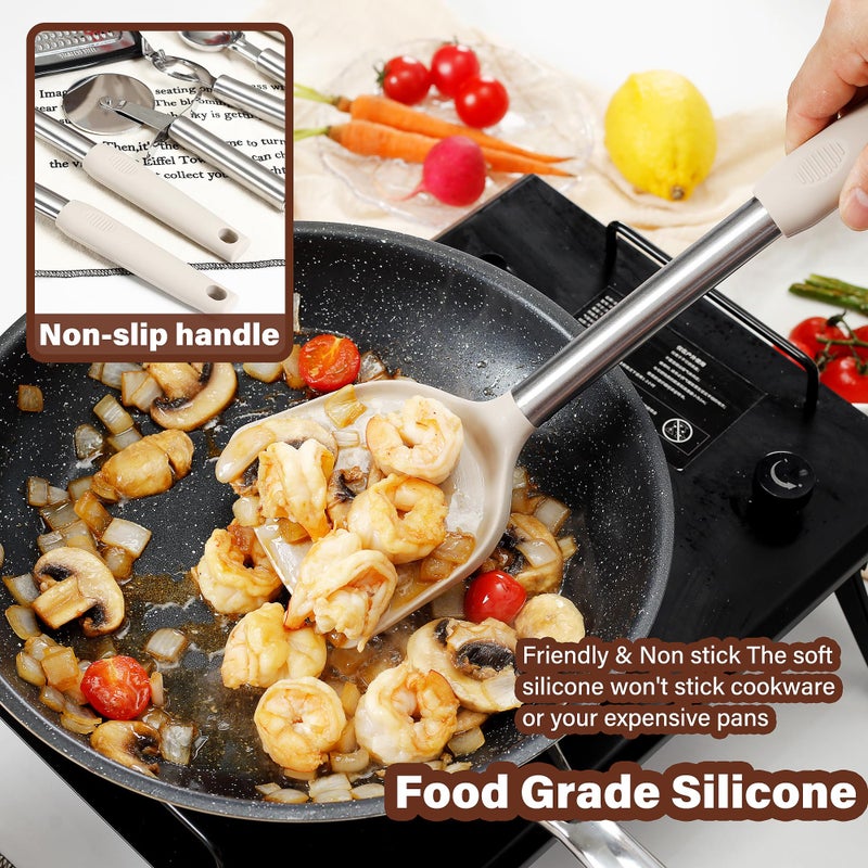 NCUE Kitchen Utensils Set, 35 Pcs Silicone Cooking Utensils Set with Holder, with Stainless Steel Handle Spatula Set, Spoons, Pasta Server, Cheese Grater, Masher, Scissors, Dishwasher Safe (Khaki) - Image 3