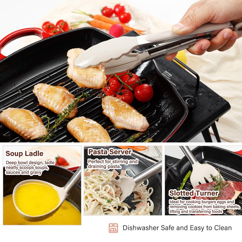 NCUE Kitchen Utensils Set, 35 Pcs Silicone Cooking Utensils Set with Holder, with Stainless Steel Handle Spatula Set, Spoons, Pasta Server, Cheese Grater, Masher, Scissors, Dishwasher Safe (Khaki) - Image 4