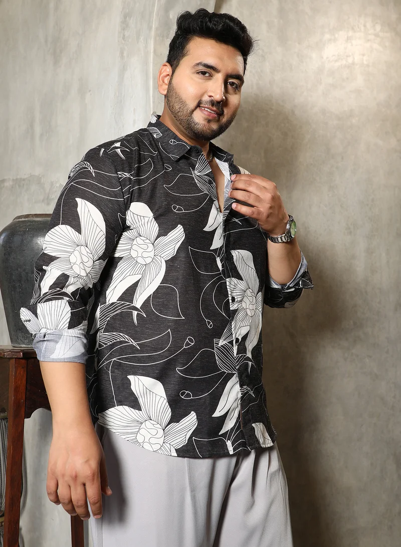 Instafab Plus Instafab Plus Men's Charcoal Black Airy-Bloom Shirt For Casual Wear | Spread Collar | Long Cuffed Sleeves | Button Closure | Plus Size Shirt Crafted With Comfort Fit For Everyday Wear