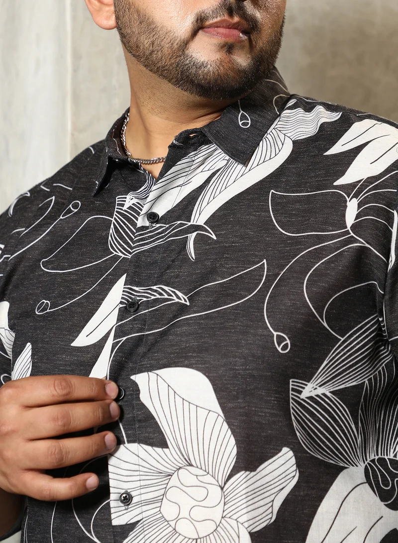 Instafab Plus Instafab Plus Men's Charcoal Black Airy-Bloom Shirt For Casual Wear | Spread Collar | Long Cuffed Sleeves | Button Closure | Plus Size Shirt Crafted With Comfort Fit For Everyday Wear