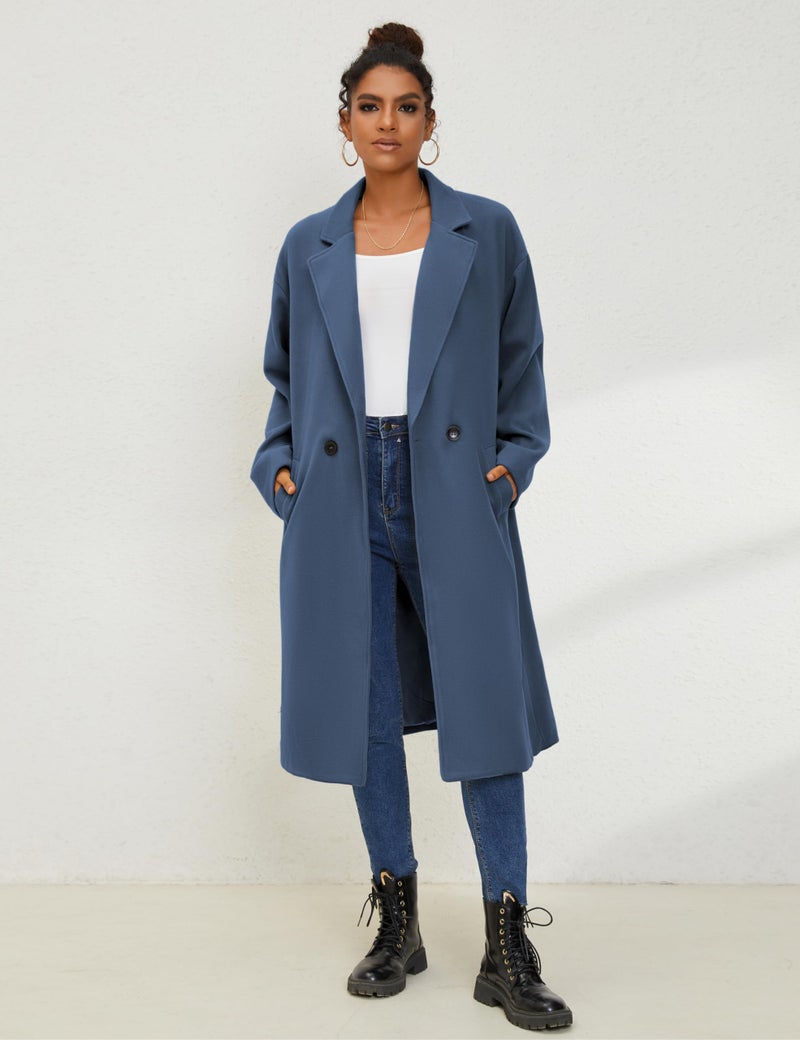 UANEO Women's Wool Blend Coat Oversized Double Breasted Long Trench Overcoat Winter (Blue-L) - Image 2