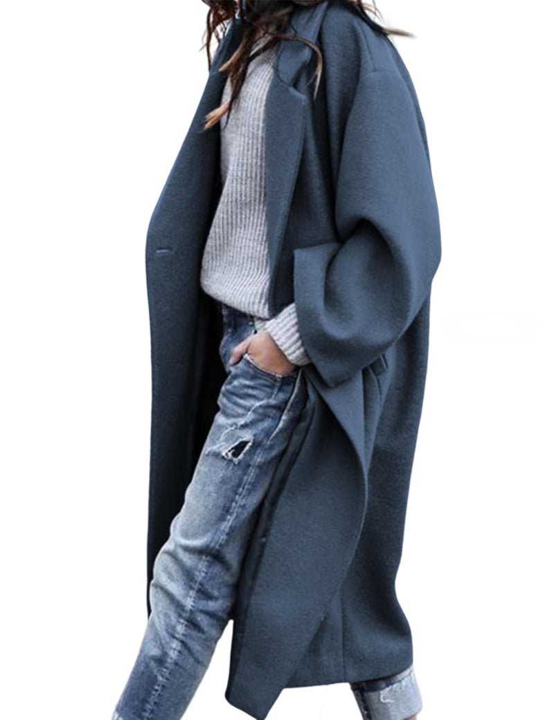 UANEO Women's Wool Blend Coat Oversized Double Breasted Long Trench Overcoat Winter (Blue-L) - Image 1