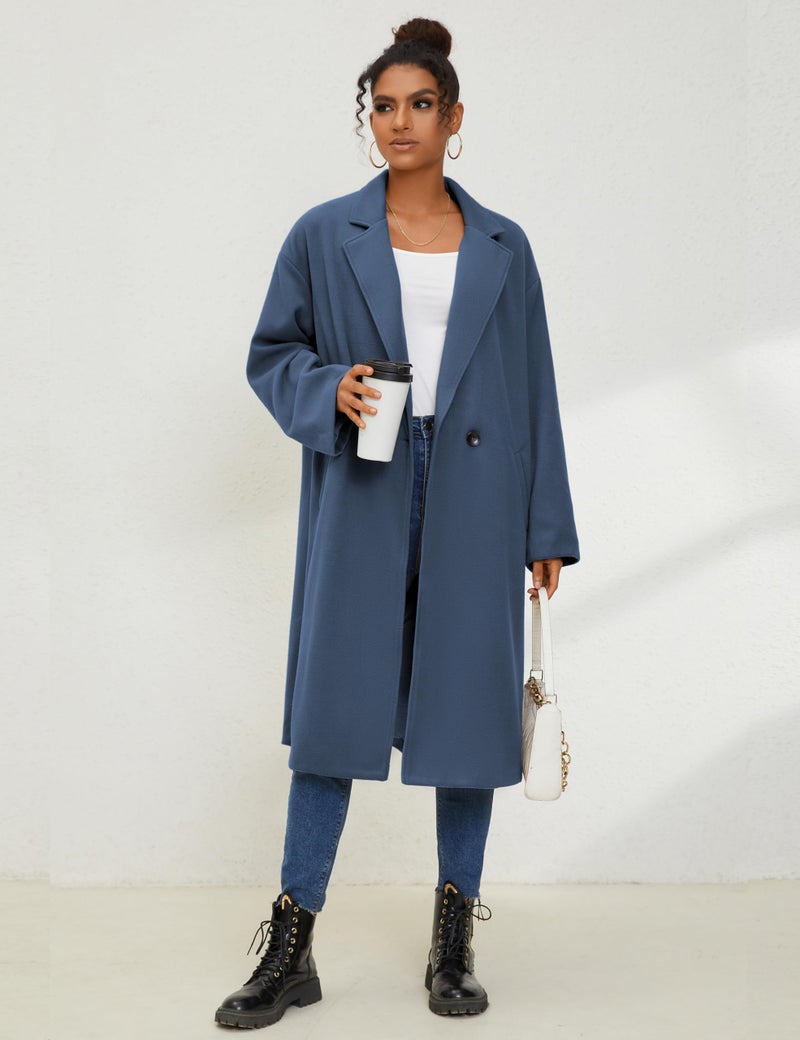 UANEO Women's Wool Blend Coat Oversized Double Breasted Long Trench Overcoat Winter (Blue-L) - Image 4