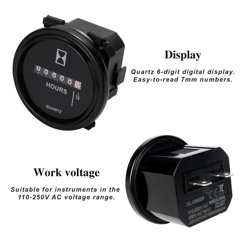 Jayron AC 110V to 250V Round Quartz Hour Meter Gauge,Mechanical Hour Meter,Waterproof for Boat Engine Riding Lawn Mower Tractor Crawler Dozer UTV Golf Cart - Image 3