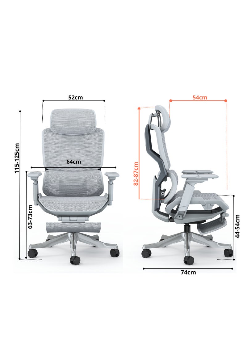 Sky Land كرسي مكتب تنفيذي - تصميم متقدم مريح، ظهر عالي، شبكة قابلة للتنفس - دعم قطني قابل للتعديل، مسند للقدم، مسند للرأس، عمق المقعد، مساند ذراع قابلة للطي - قاعدة دوارة من الألمنيوم (رمادي) - Image 3