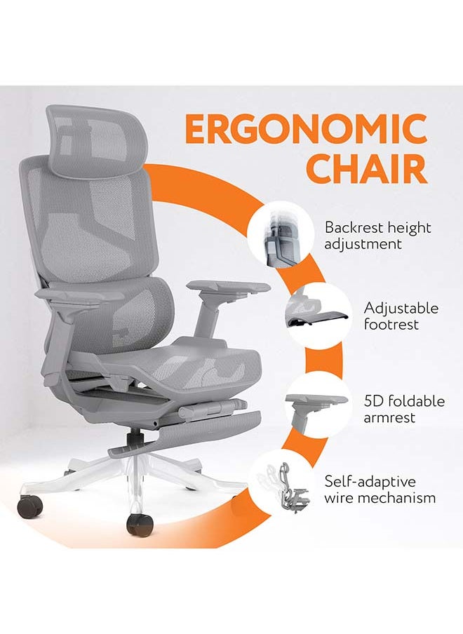 SkyLand Executive Computer Office Chair - Advanced Ergonomics, High-Back, Breathable Mesh - Adjustable Lumbar Support, Footrest, Headrest, Seat Depth, Foldable Armrests - Aluminum Swivel Base (Grey)  - Image 2