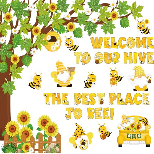 Pajean 104 Pcs Classroom Tree Bulletin Board Set Bee Sunflower Bulletin Boards Decoration Cutouts Spring Summer Tree Leaves Cutout for Classroom Window Wall Home Office School Decor - Image 1