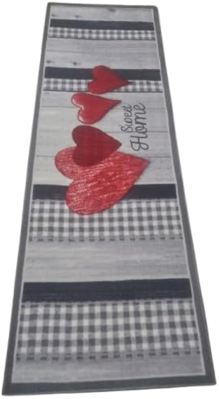 Rectangle Kitchen Rug With Red Hearts Design 80x250cm - Grey White