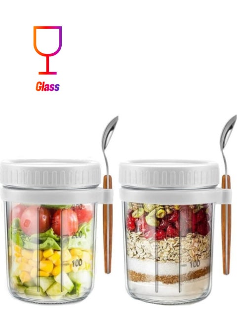 Overnight Oats Jars with Lid and Spoon,2 Pcs Airtight Oatmeal Container with Measurement Marks 350ml