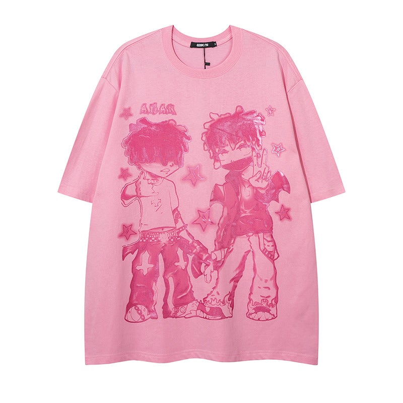 YPRS Men's 2023 New European and American Style Hip Hop High Street Pink Fried Street ins Short Sleeve T-Shirt for Men and Women Guangzhou Fashion Brand - Image 2