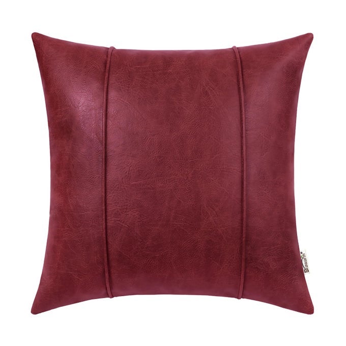 BURGUNDY LEATHER THROW PILLOW COVERS 16 X 16 INCHES FAUX LEATHER PILLOW COVER WITH PIPING HAND STITCHED LEATHER THROW PILLOW FOR COUCH SOFA BED LIVING ROOM HOME DECORATIVE