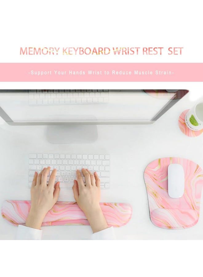 Yunoble Memory Foam Ergonomic Keyboard Wrist Rest Pad and Mouse Wrist Rest Support Mouse Pad Set with Non-Slip Rubber Base Set for Office Gaming Easy Typing & Pain Relief-Pink Marble - Image 2