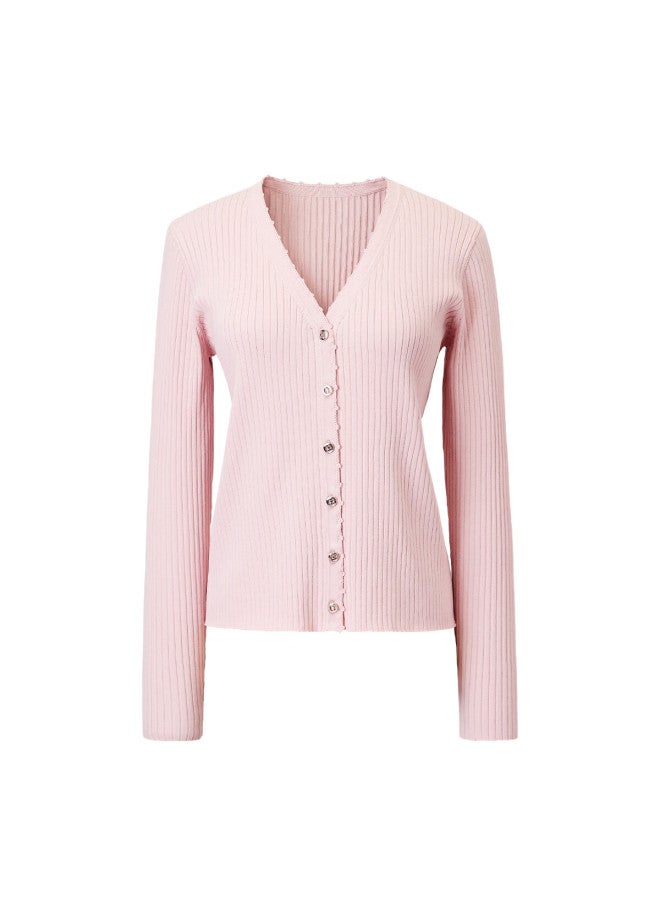 Yanyee V-neck Striped Knit Sweater Early Spring Elegant Slim Fit Cardigan Top For Women Pink L - Image 4