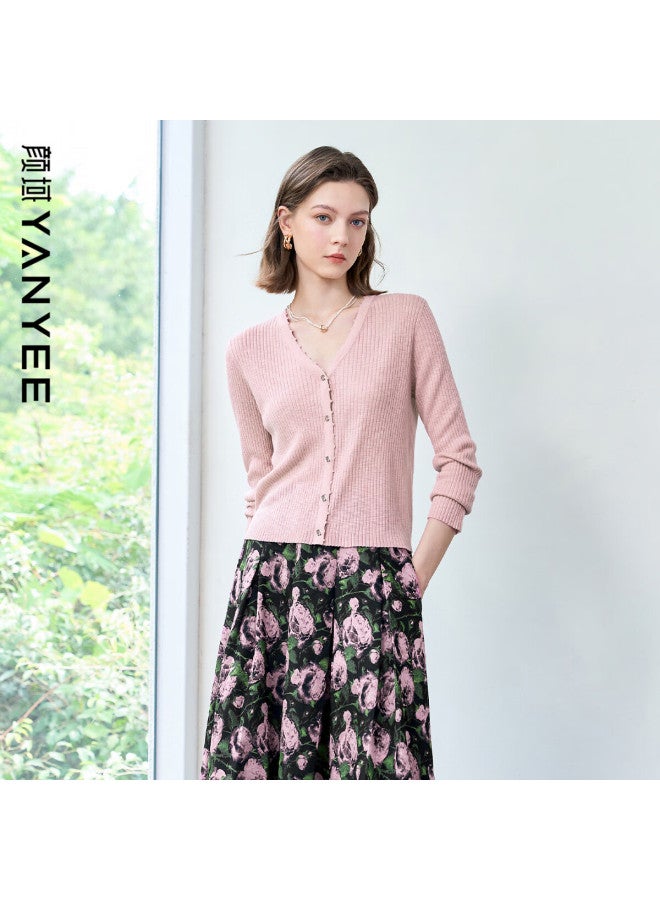 Yanyee V-neck Striped Knit Sweater Early Spring Elegant Slim Fit Cardigan Top For Women Pink L - Image 1