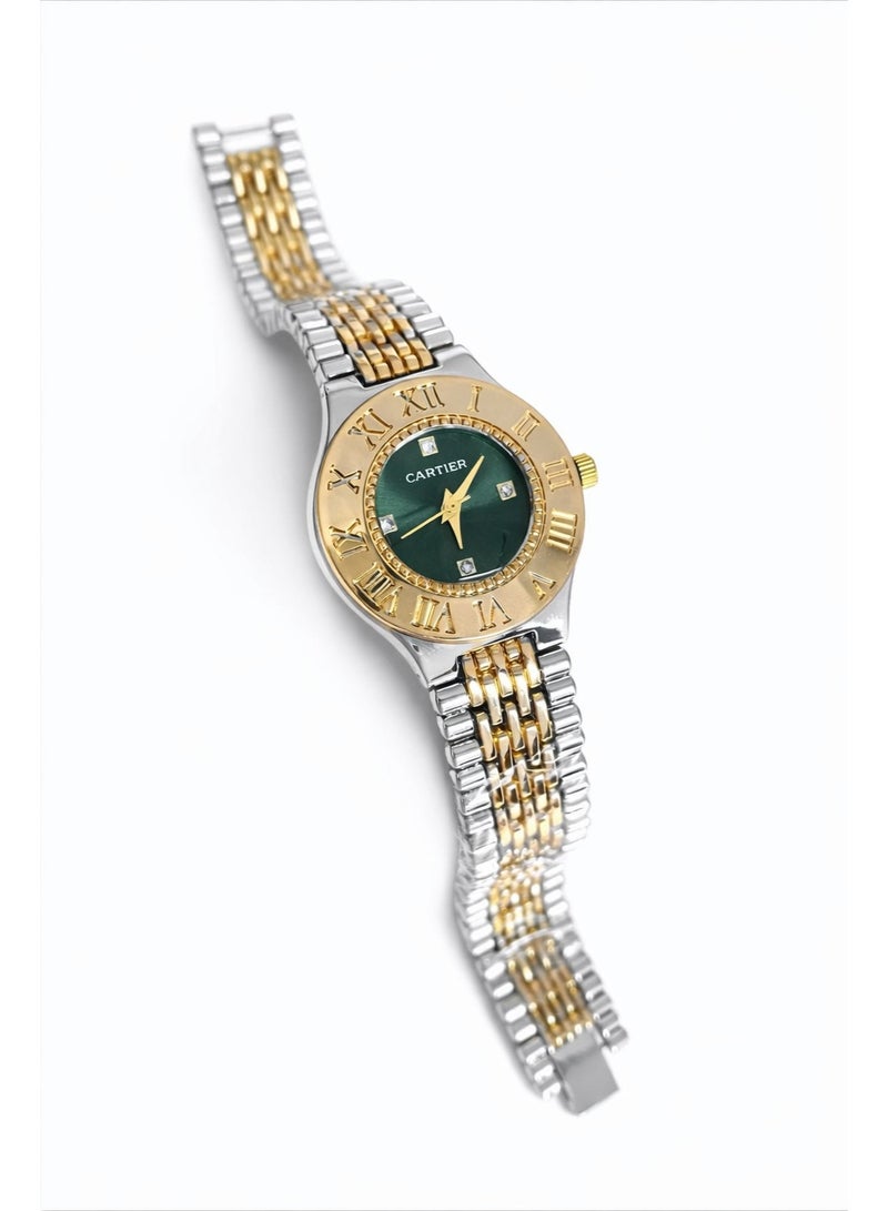 ساعة كارتييه حريمي ستانلس ستيل ثنائي اللون – مينا خضراء بأرقام رومانية
