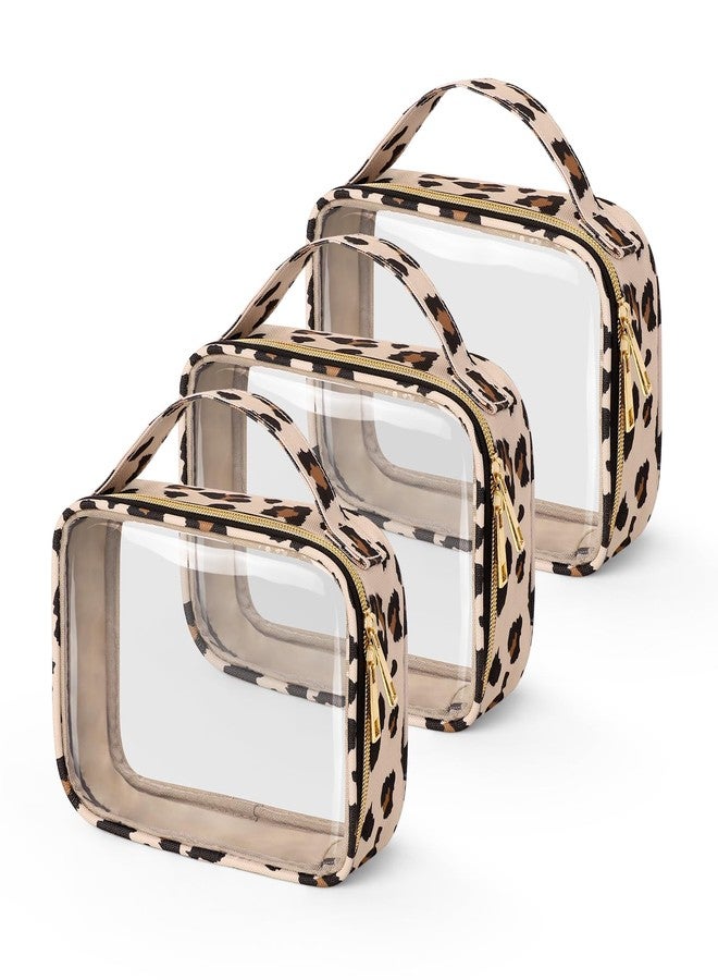 Wedama TSA Approved Toiletry Bag, 3 Pack Clear Makeup Bags with Handles, Quart Size PVC Clear Cosmetic Bags for Women and Men, Carry on Airport Airline Compliant Bag, Leopard Print - Image 1