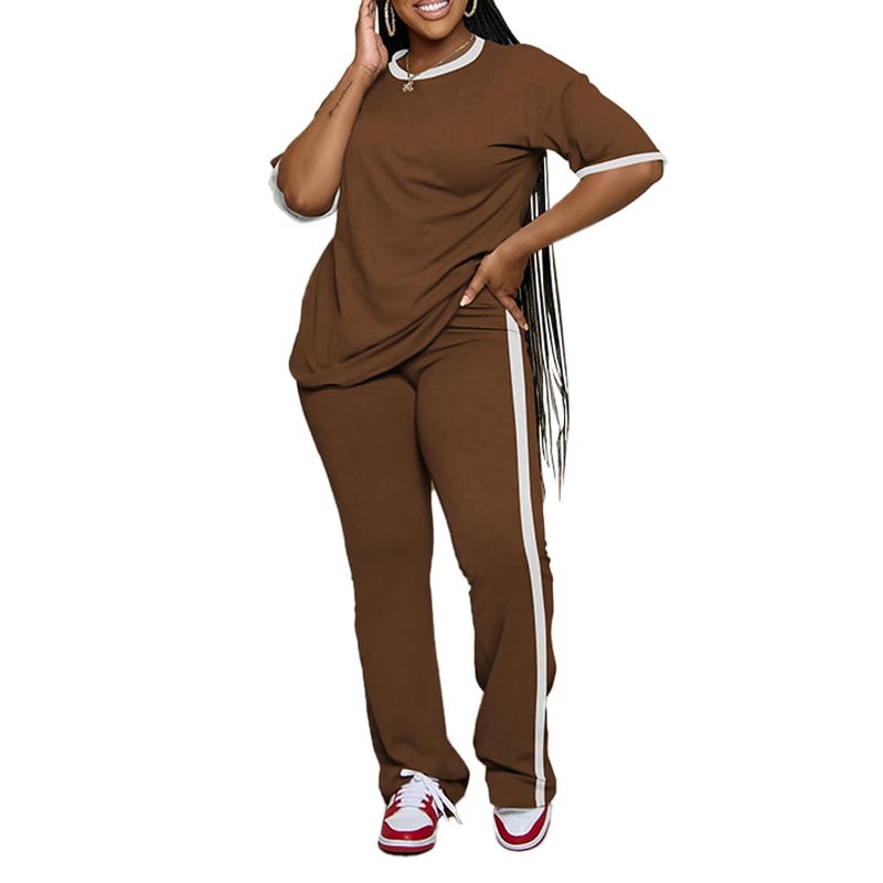 PINSV 2 Piece Sets for Women Summer Casual Short Sleeve Top and Flare Pants Lounge Sets Brown XL - Image 5