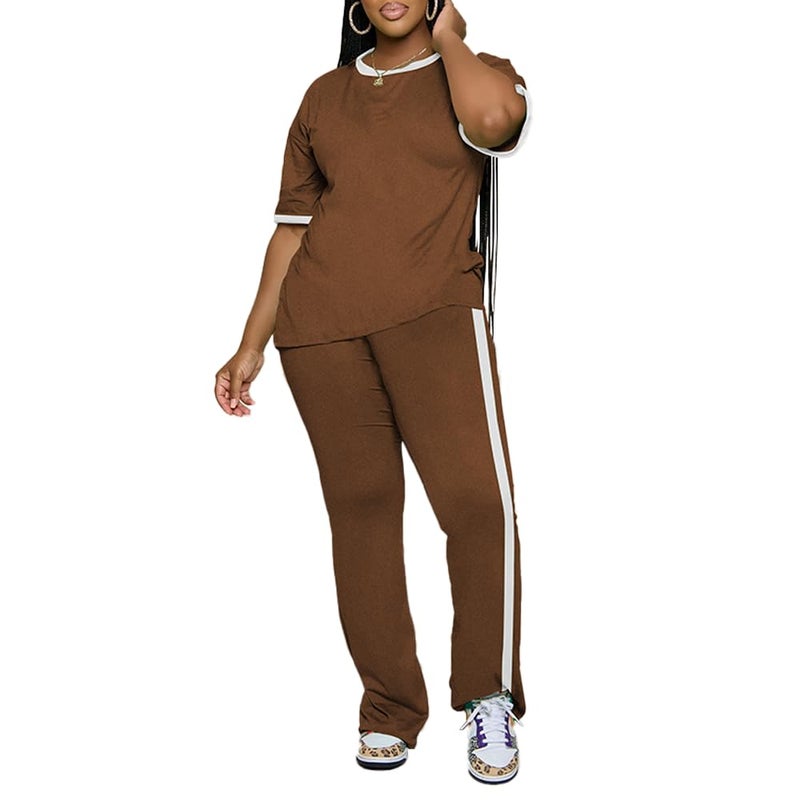 PINSV 2 Piece Sets for Women Summer Casual Short Sleeve Top and Flare Pants Lounge Sets Brown XL - Image 3