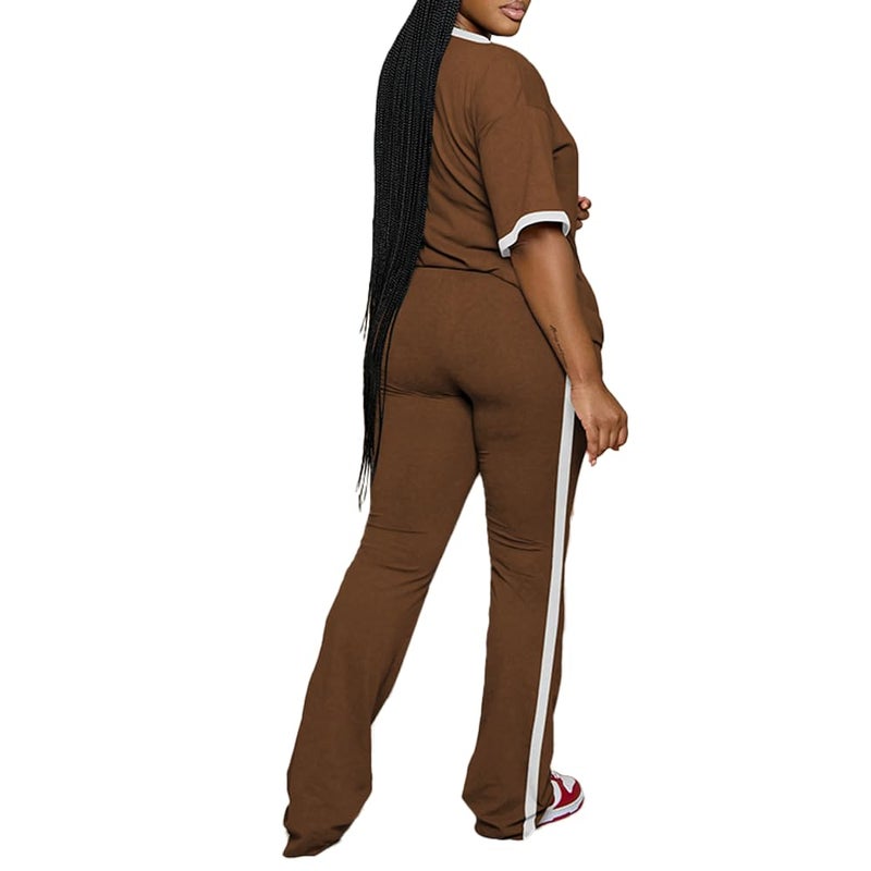 PINSV 2 Piece Sets for Women Summer Casual Short Sleeve Top and Flare Pants Lounge Sets Brown XL - Image 4