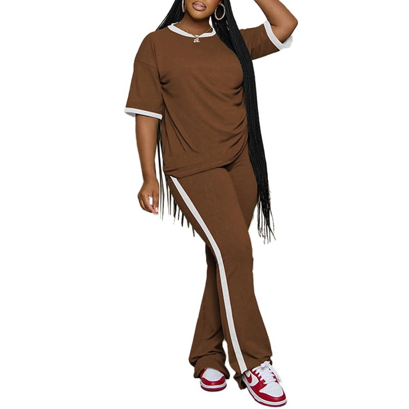 PINSV 2 Piece Sets for Women Summer Casual Short Sleeve Top and Flare Pants Lounge Sets Brown XL - Image 1