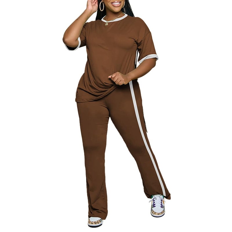 PINSV 2 Piece Sets for Women Summer Casual Short Sleeve Top and Flare Pants Lounge Sets Brown XL - Image 2