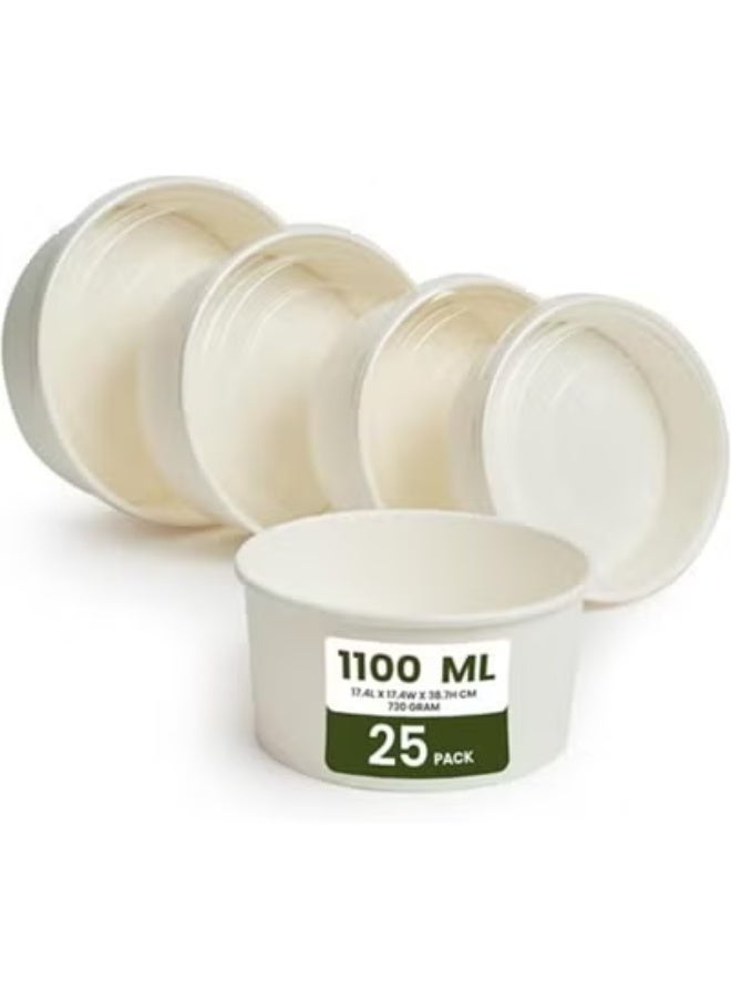 COMPOSTABLE HEAVY DUTY MADE OF PAPER - [38 OUNCE - 1100 ML, PACK OF 25] DISPOSABLE BOWLS ECO-FRIENDLY BIODEGRADABLE PERFECT FOR SALAD, SOUP, DESSERT, HOT OR COLD USE, WHITE