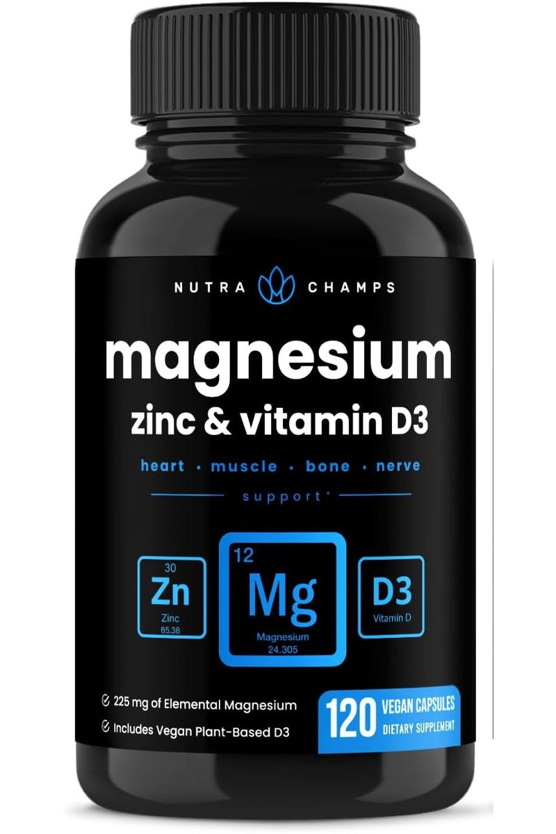 NutraChamps Magnesium Zinc & Vitamin D3 Supplement - Most Bioavailable Forms; Magnesium Glycinate, Malate, Citrate - Bone, Muscle & Heart Health, Immune Support - 120 Vegan Capsules - Image 1