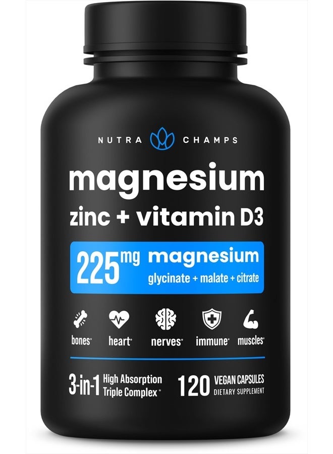 NutraChamps Magnesium Zinc & Vitamin D3 Supplement - Most Bioavailable Forms; Magnesium Glycinate, Malate, Citrate - Bone, Muscle & Heart Health, Immune Support - 120 Vegan Capsules - Image 2