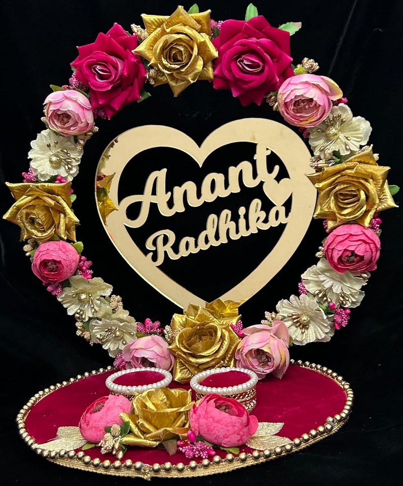 Mridang Designer Floral Theme with Heart Name ring platter for ring ceremonyCustomizable Name and Ceremony DateAnniversaryEngagementWedding Ring PlatterMarriage Decor - Image 1