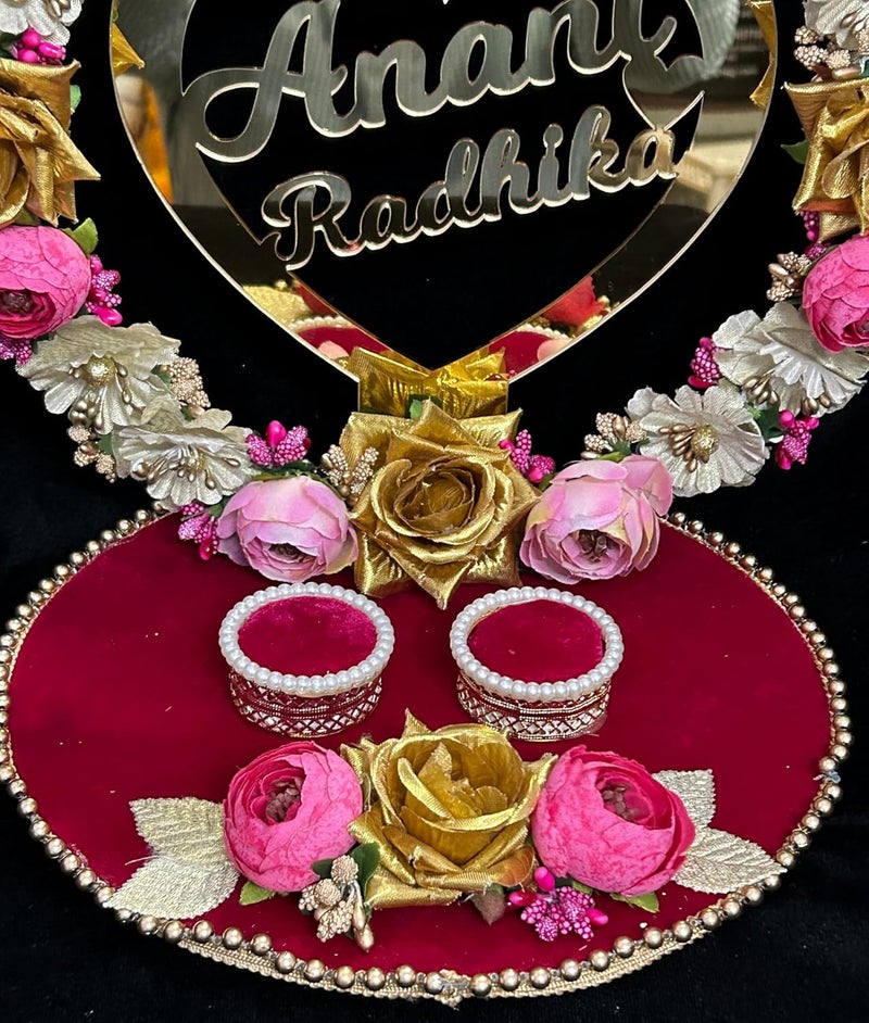 Mridang Designer Floral Theme with Heart Name ring platter for ring ceremonyCustomizable Name and Ceremony DateAnniversaryEngagementWedding Ring PlatterMarriage Decor - Image 3